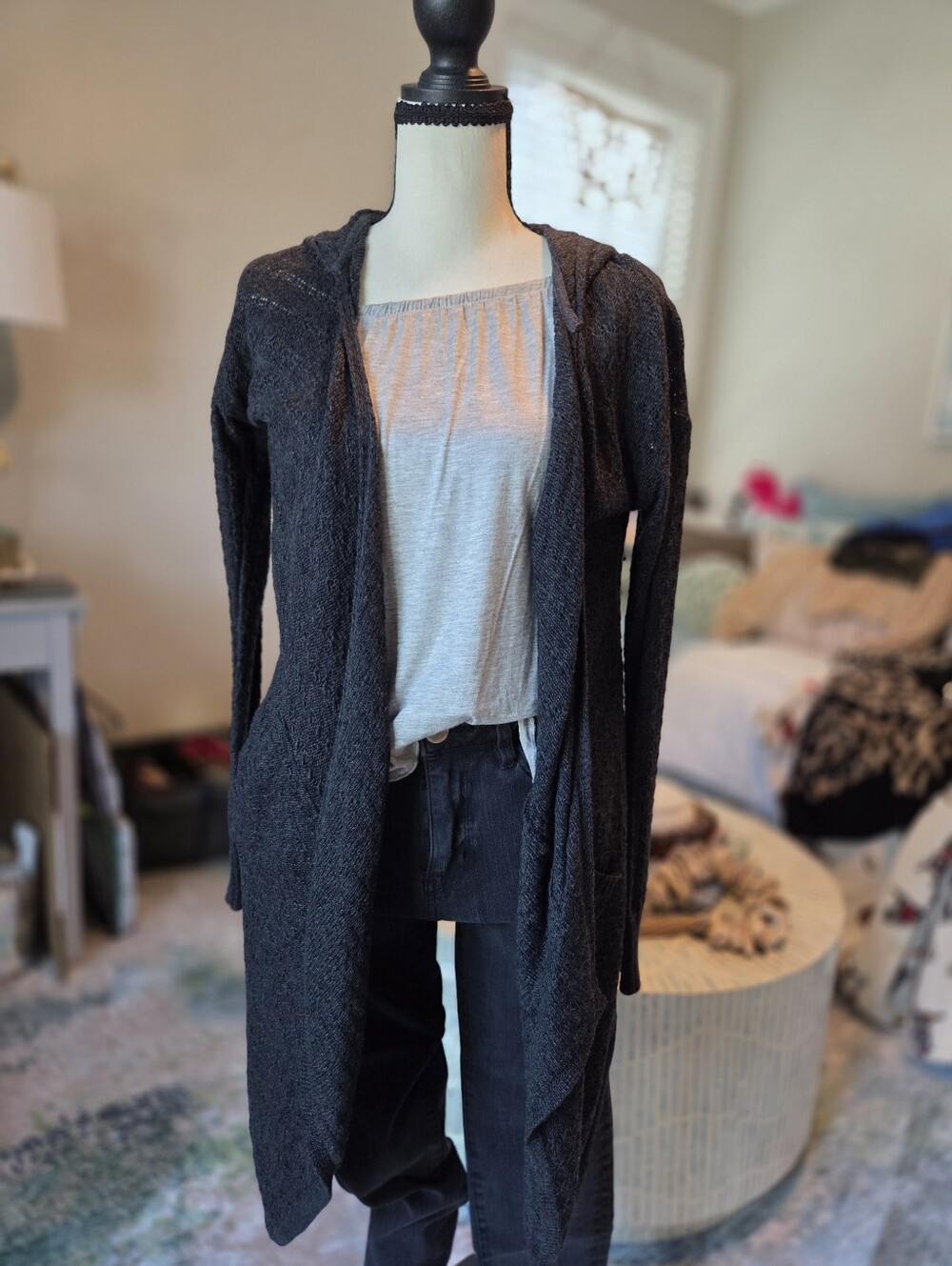 American Eagle Charcoal Hooded Open-Front Knit Cardigan | Size XS